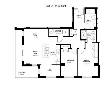 A black and white image of a floor plan for a 1132 square foot unit.